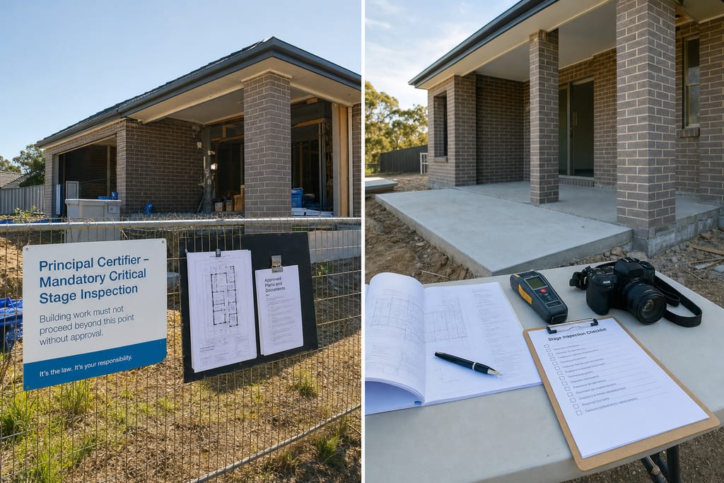 Side-by-side comparison of certified site signboard and owner inspection tools for construction stage inspections NSW