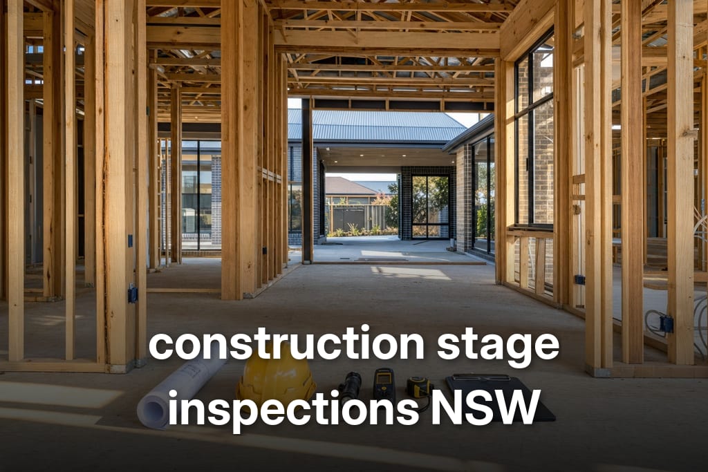 Inspector's toolkit on plywood floor inside newly framed house for construction stage inspections NSW