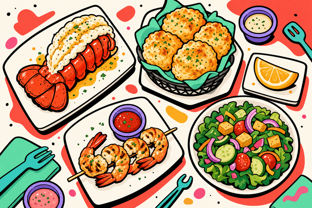 A whimsical cartoon neo-brutalist overhead scene featuring five playful, oversized seafood items—a lobster tail, grilled shrimp skewer, basket of cheddar bay biscuits, a lemon wedge, and a vibrant garden salad—artfully arranged on chunky, white card-shaped plates, each outlined with thick black borders. The background is a warm cream (#FFFAF1) with bold, blocky coral red (#FE665C) table accents, mint green napkins, lavender purple dipping bowls, and playful teal utensil shapes scattered around. Accent splashes of warm yellow-orange and pink highlight the food, all rendered in flat, bold, playful colors. The scene is inviting and cozy, capturing the surprising variety of Red Lobster’s menu, with chunky, rounded forms and a lively, cheerful mood—no characters, text, or humans present.