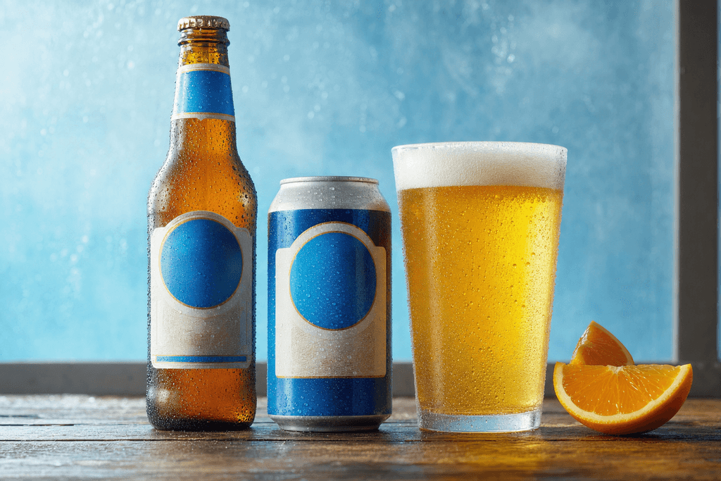 A photorealistic image of three cold, dewy Blue Moon beer vessels—a sleek glass bottle, a classic aluminum can, and a chilled pint glass of draft beer—arranged side by side on a rustic wooden table. Behind them is a softly glowing blue-tinted background with hints of frosty condensation, evoking a refreshing, cool, and inviting mood. Orange slices rest beside the glass, catching the light. No characters, text, or humans are present.