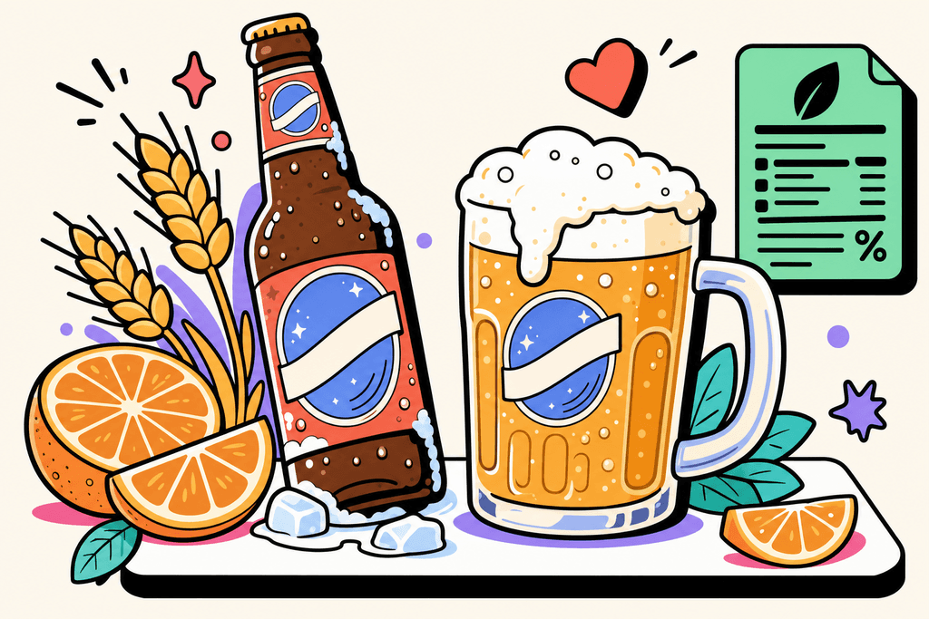 A bold, playful illustration of a frosty Blue Moon beer bottle and a foaming glass mug on a white card-shaped surface, surrounded by fresh orange slices, wheat stalks, and a single mint green nutrition label icon. The scene is set against a warm cream background (#FFFAF1), with chunky black borders and thick outlines throughout. Use coral red (#FE665C) as the dominant color for the beer label and accents, with sprinkles of lavender purple, teal, warm yellow-orange, and pink as highlight elements for the fruit and label. All shapes are rounded, flat, and slightly offset for a cartoon neo-brutalist vibe. No characters, text, or humans. The mood is bright, inviting, and fun, celebrating the refreshing feeling of enjoying Blue Moon with a focus on nutrition.