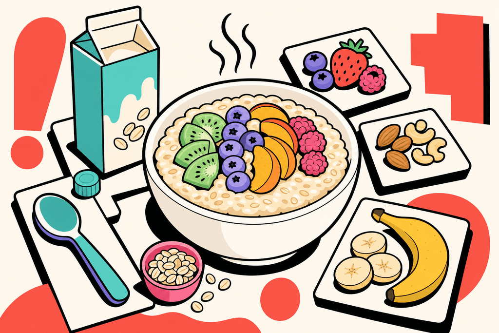 A vibrant, cartoon neo-brutalist kitchen table scene: A large, rounded white bowl of steaming creamy oatmeal sits front and center, topped with colorful mint green, lavender purple, and warm yellow-orange fruit slices, all outlined with chunky black borders. Around the bowl, playful flat shapes of budget meal ingredients—an open oat milk carton (no branding), spoon, berries, nuts, and a sliced banana—are arranged on overlapping white cards, each with bold offset black outlines. The background is a warm cream (#FFFAF1), with oversized, coral red (#FE665C) geometric forms accenting the sides. No humans, characters, or text present. The mood is inviting, playful, and cozy, with dynamic color blocks, thick black lines, and soft, rounded shapes.