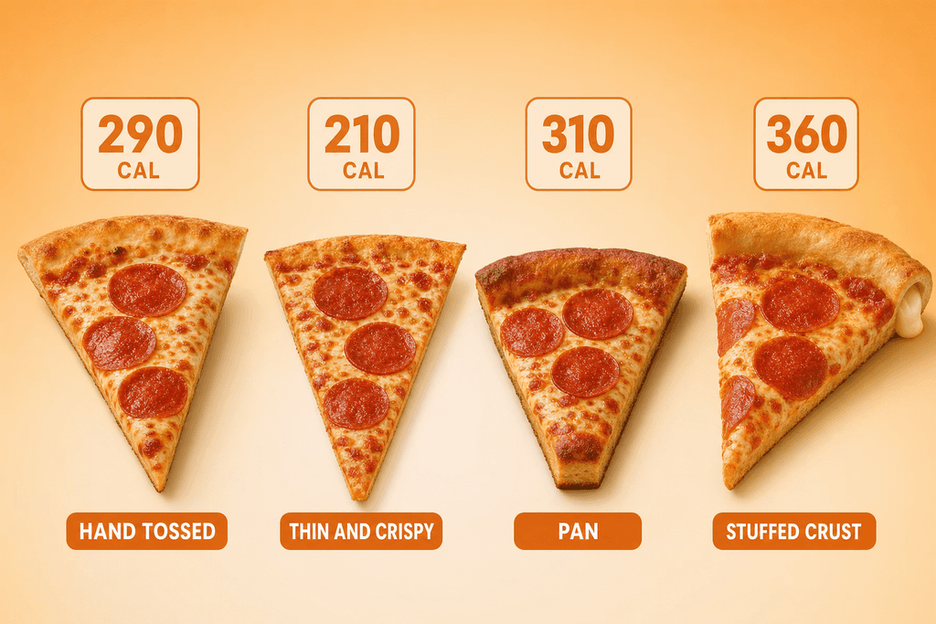 Four pizza slice icons compared side by side with calorie numbers above each