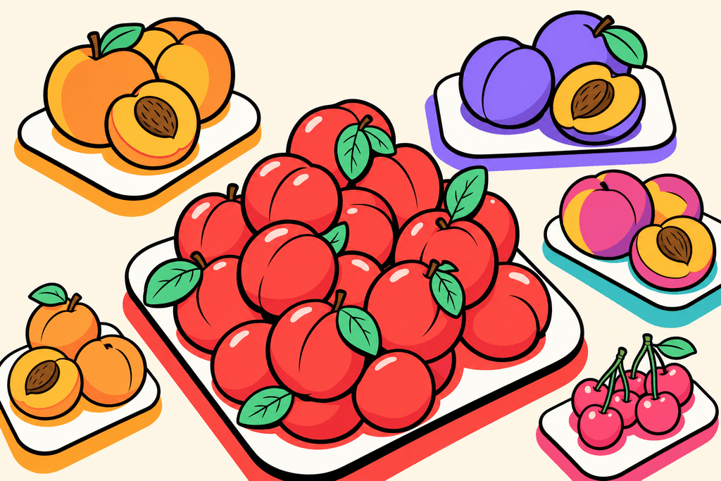 A playful, bold still-life featuring a heap of plump, glossy plums in the foreground, contrasted with smaller groups of summer fruits like peaches, apricots, cherries, and nectarines surrounding them. Each fruit is rendered with flat, vibrant colors: the plums in deep coral red with mint green leaves, peaches and apricots in warm yellow-orange, cherries in rich pink, nectarines in lavender purple, all outlined with chunky black borders and thick offset shadows. The fruits rest on white card-like surfaces with rounded edges, set against a warm cream background. No characters, text, or humans present. The composition exudes a cheerful, energetic mood, emphasizing a sense of comparison and freshness typical of weight loss themes.