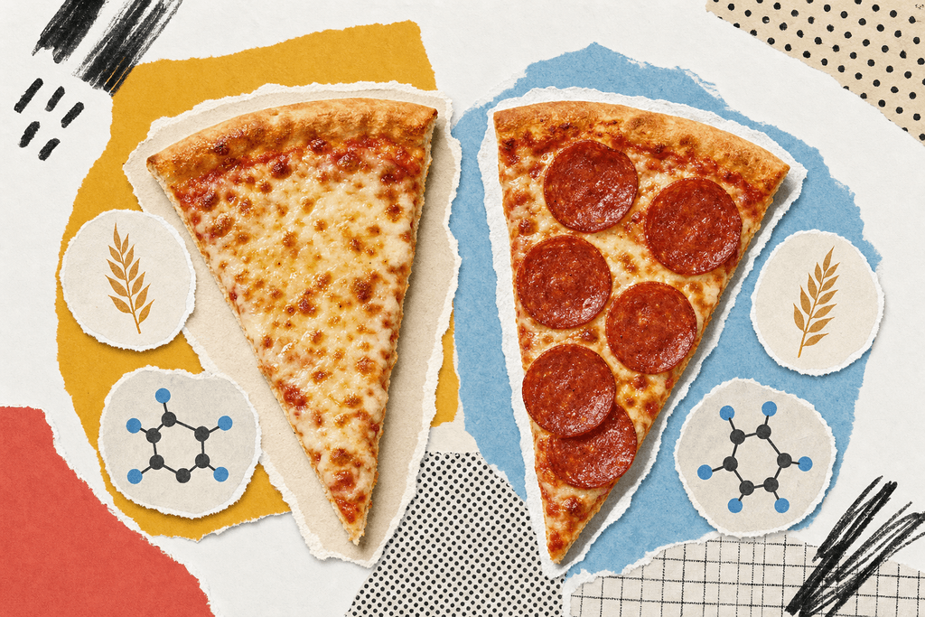 Cheese and pepperoni pizza slices shown side by side for comparison
