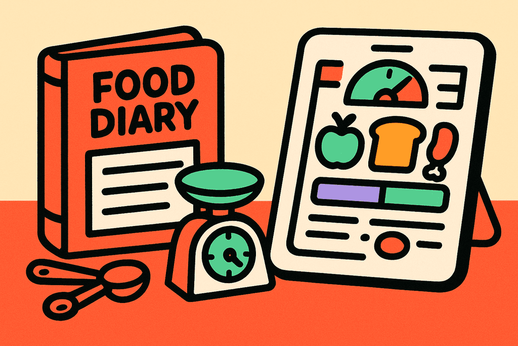 A playful, eye-catching cartoon still life showing two contrasting tables. On the left, a blocky oversized traditional food diary notebook with a chunky black border, pages open and visible, surrounded by old-fashioned measuring spoons and a basic analog kitchen scale. On the right, a whimsical, brightly colored custom calorie tracking dashboard on a white card tablet, with stylized abstract food icons (apple, bread slice, chicken leg), all in bold flat colors. The background is a warm cream (#FFFAF1) with a soft gradient, all surfaces featuring white cards, thick black chunky borders, and rounded shapes. Coral red (#FE665C) dominates major surfaces, accented by mint green (#4ADA85), lavender (#8B7BFF), teal (#4ECDC4), warm yellow-orange (#FFB347), and pink (#F06292). The overall mood is energetic, optimistic, and modern, with strong contrast and playful, friendly atmosphere. No characters, text, or humans in the image.