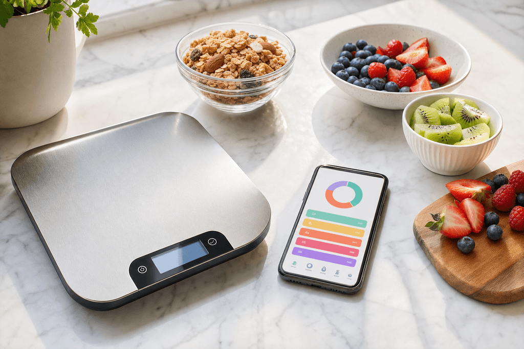 A photorealistic image of a sleek digital kitchen scale and a modern smartphone displaying a colorful calorie tracking app, both resting on a clean white marble countertop. Around them are neat arrangements of vibrant fresh fruits, like sliced strawberries, blueberries, and kiwi, as well as a small glass bowl of granola. Soft natural morning light streams in from the side, casting gentle shadows and creating a fresh, motivating, and hopeful atmosphere. No characters, text, or humans are in the image.