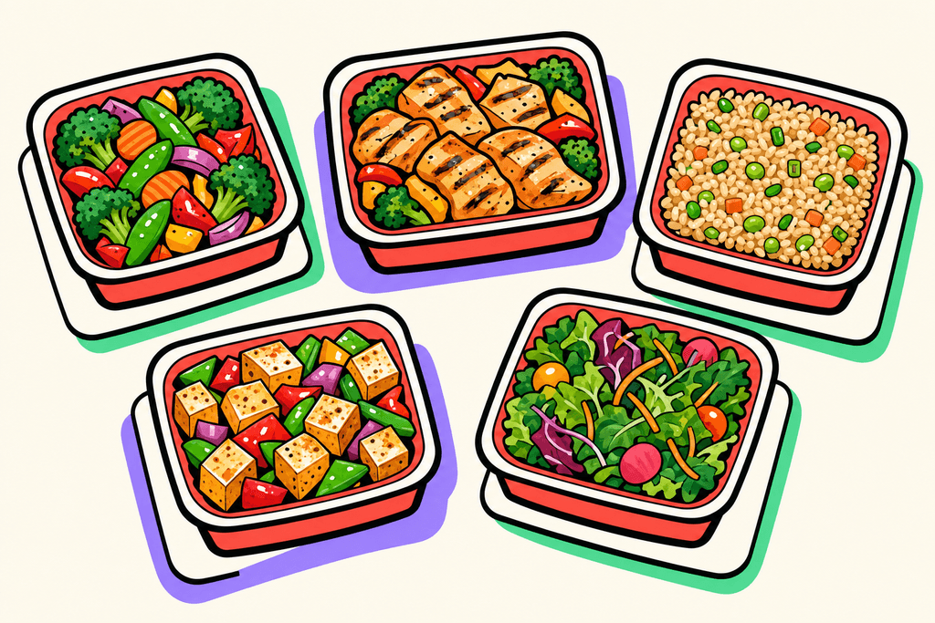 A vibrant, cartoon-style neo-brutalist illustration of five stylized meal trays arranged in a semi-circle atop a warm cream background (#FFFAF1). Each tray features a different healthy Panda Express dish: colorful vegetables, grilled chicken, brown rice, tofu, and mixed greens—presented as chunky, playful shapes with bold coral red (#FE665C) accents and thick, black, offset borders. Each meal sits on a white card surface, casting a soft mint green (#4ADA85) or lavender purple (#8B7BFF) drop shadow. Pops of teal (#4ECDC4), warm yellow-orange (#FFB347), and pink (#F06292) add energetic highlights to the food and trays. No characters, text, or humans in the image. The mood is cheerful, fresh, and inviting, evoking healthy choices in a fun, eye-catching way.
