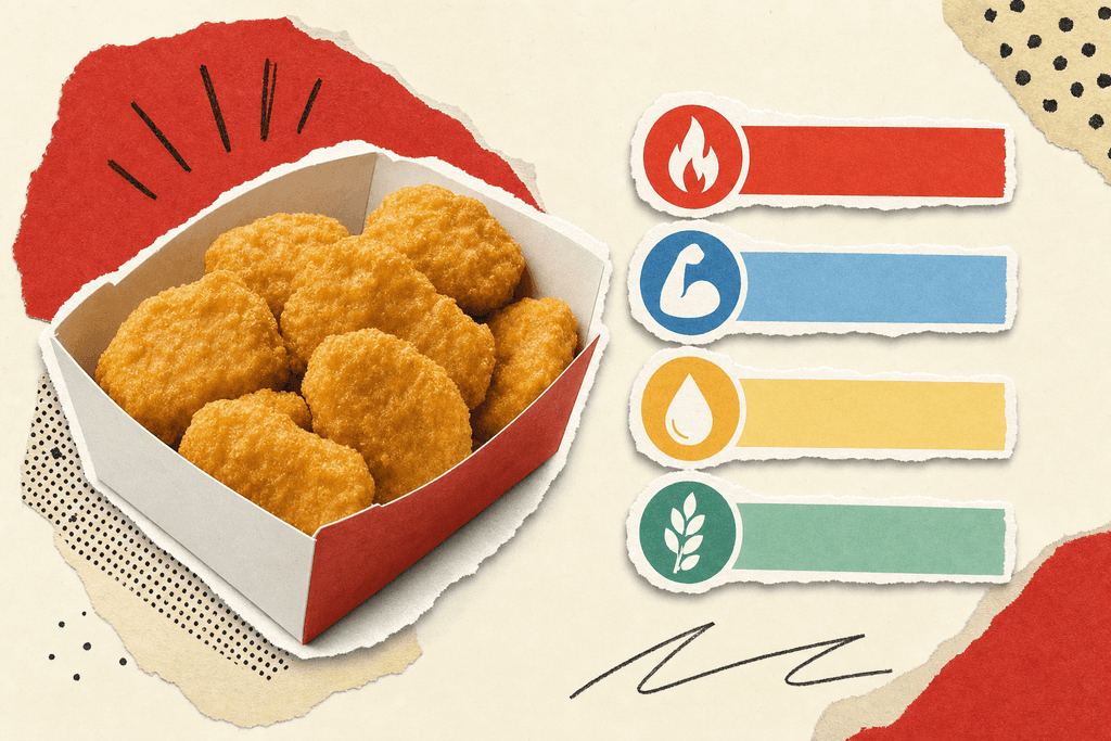Stylized nugget box beside four colored bars representing different nutrients