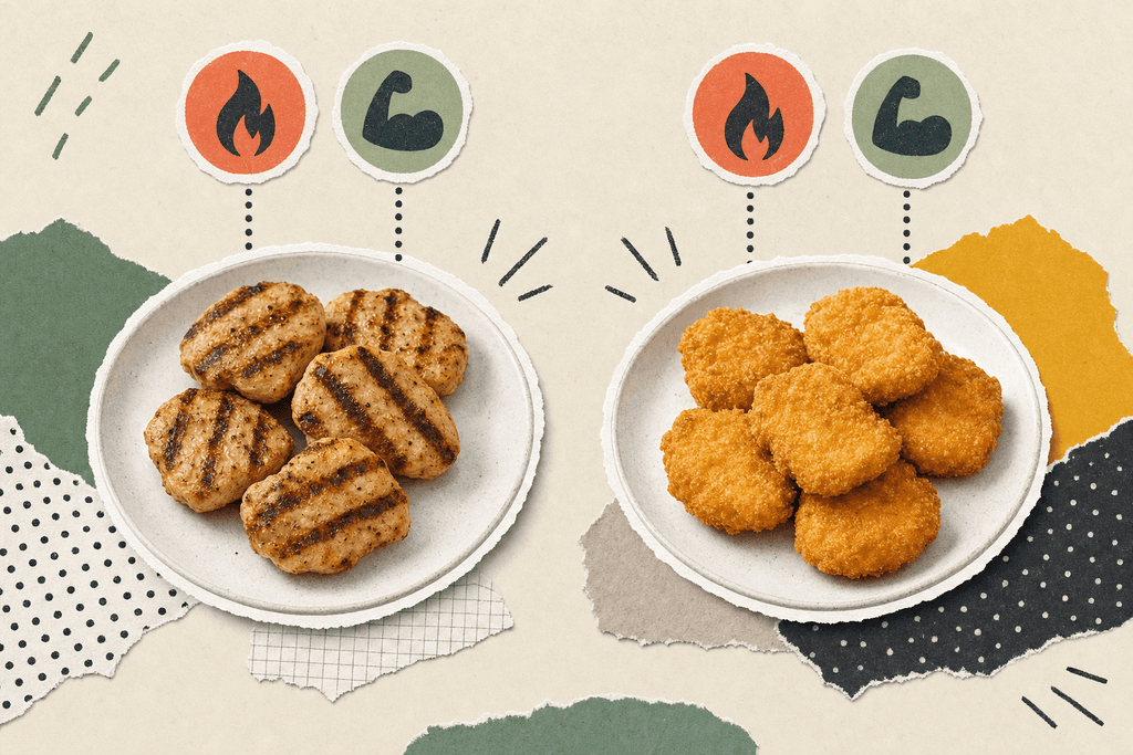 Two plates of chicken nuggets, one grilled one breaded, side by side
