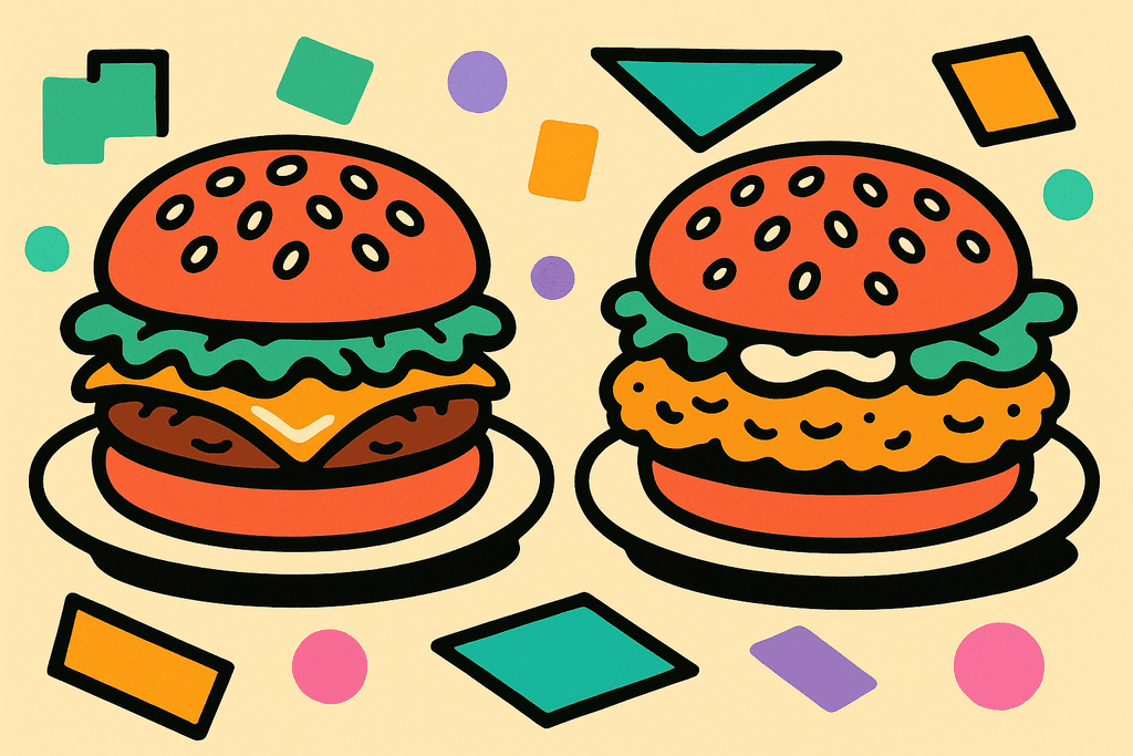 A vibrant, cartoon Neo-Brutalist scene with a classic hamburger and a McChicken sandwich side by side on white plates, highlighted by bold coral red and chunky black borders. Each sandwich is illustrated with exaggerated, rounded shapes, colorful toppings, and distinct textures—crisp lettuce, melty cheese, and sesame buns on the hamburger; crunchy lettuce, mayo, and a golden chicken patty on the McChicken. The plates rest on a warm cream background (#FFFAF1), with dynamic pops of mint green, lavender purple, teal, warm yellow-orange, and pink accents scattered around as playful geometric forms. No text, characters, or humans present. The atmosphere is bold and playful, with flat, punchy colors, thick offset borders, and an inviting, head-to-head mood.