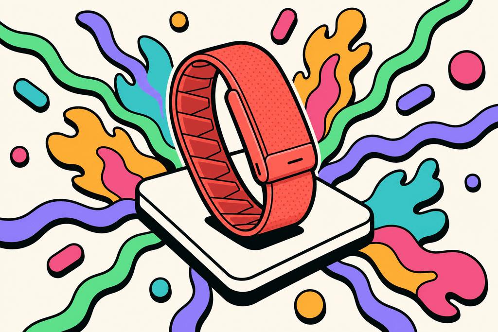 A vibrant cartoon neo-brutalist composition set on a warm cream background: a chunky, stylized WHOOP fitness band in coral red is centered, resting atop a playful white card surface. Radiating from the band are bold, wavy lines in mint green and lavender purple, representing energy and calories, with teal, warm yellow-orange, and pink abstract flame-like shapes bursting out in dynamic, rounded forms. Thick black offset borders define all objects and shapes, giving a sense of depth and playfulness. The composition is clean, with no characters, text, or humans present—just eye-catching objects and lively, energetic atmosphere.