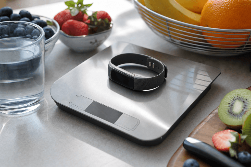 A photorealistic close-up of a sleek fitness tracker resting on a kitchen scale, surrounded by fresh colorful fruits and a glass of water. Soft morning light streams in, casting gentle shadows and creating a focused, contemplative atmosphere. No characters, text, or humans in the image.