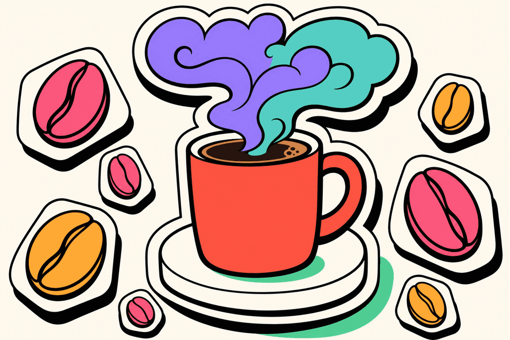 A steaming black coffee mug sits atop a thick, white, rounded saucer on a warm cream background (#FFFAF1), casting a playful mint green (#4ADA85) shadow. The mug is matte coral red (#FE665C) with a chunky black (#000000) outline, and a bold, exaggerated steam cloud in whimsical, overlapping lavender (#8B7BFF) and teal (#4ECDC4) cartoon swirls rises above it. Scattered nearby are oversized, chunky black-outlined coffee beans in pink (#F06292) and yellow-orange (#FFB347). The scene feels cozy yet energetic, and every object is set on white card-like surfaces with thick, offset black borders and no humans, text, or characters anywhere in the image. Mood: inviting, playful, and modern.