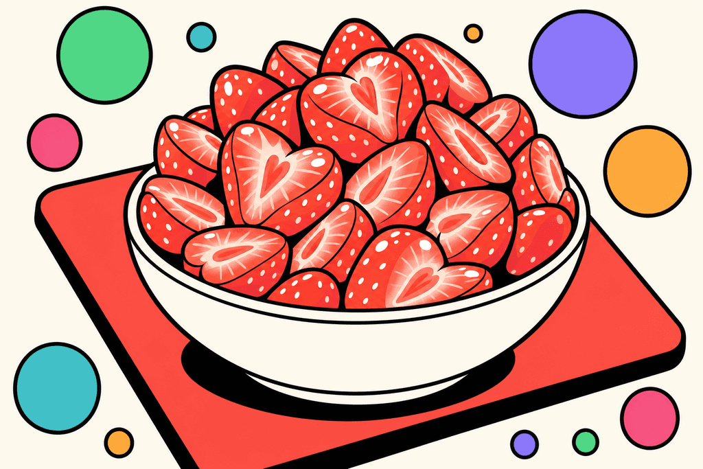 A single, overflowing white bowl filled with plump, halved strawberries, cartoonishly glossy with juicy highlights, sits at the center atop a flat, warm cream background (#FFFAF1). The bowl features chunky black outlines and is set on a bold coral red (#FE665C) card-shaped surface with dramatic black borders. Around the bowl are playful, round mint green (#4ADA85), lavender purple (#8B7BFF), teal (#4ECDC4), warm yellow-orange (#FFB347), and pink (#F06292) accent circles, evoking a vibrant, celebratory energy. The strawberries are rendered in bright coral red with white seeds, thick black outlines, and exaggerated, rounded forms. The composition is bold, flat, and simplified, creating an inviting, playful, and energetic atmosphere—no characters, text, or humans present.