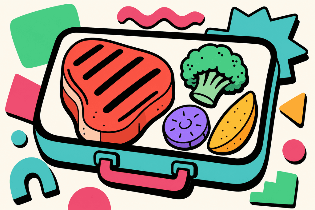 A playful, cartoon neo-brutalist still life: a chunky, stylized steak—juicy coral red with bold black grill marks—sits on a clean, white card surface inside a simplified lunchbox with thick black borders and rounded corners. Beside the steak, whimsical neo-brutalist side items like a mint green broccoli floret, a lavender purple carrot slice, and a plump yellow-orange potato wedge. The background is warm cream (#FFFAF1), with random offset abstract shapes in mint green, teal, and pink dancing around the lunchbox to create an inviting, energetic, yet cozy mood. No characters, text, or humans. The image is bold, flat, and cartoonish with all borders thick and chunky.