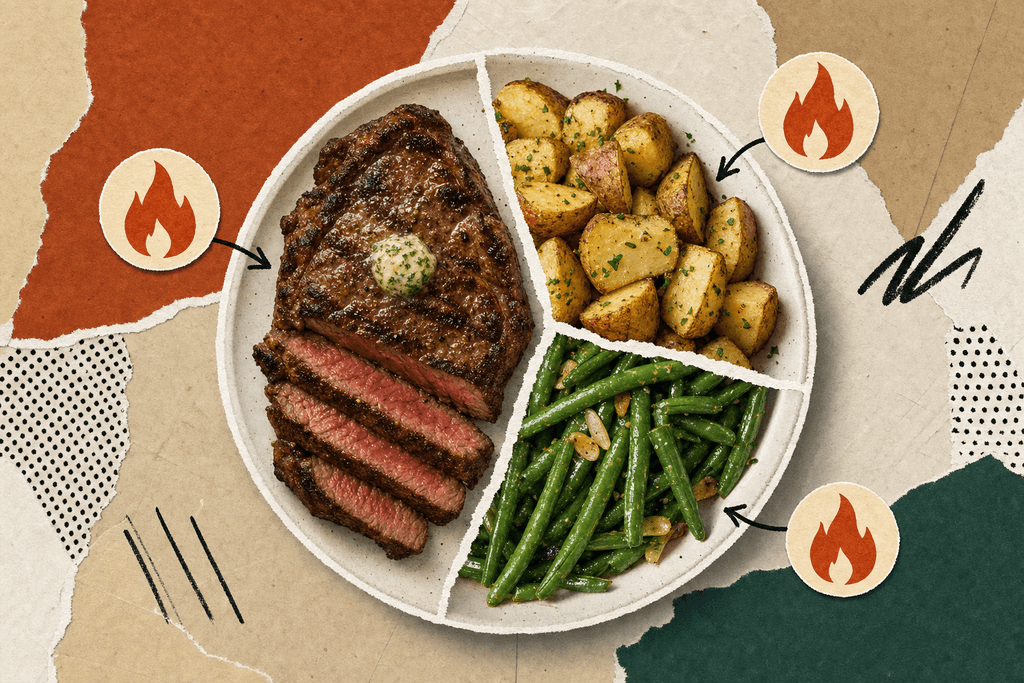 Plate split into steak, potato, and vegetable portions with flame icons