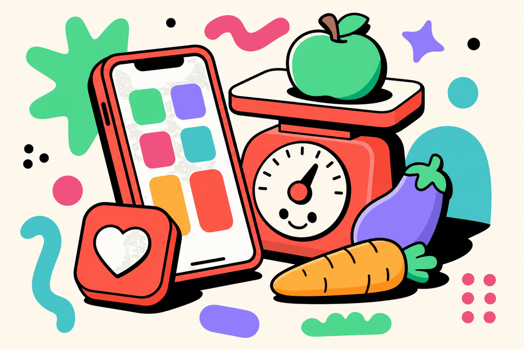 A colorful, cartoon neo-brutalist still life of a simplified smartphone with a chunky, smiling food scale, a bright coral red app icon, and vibrant, pill-shaped food items (like a mint green apple, lavender eggplant, and yellow-orange carrot) arranged around it. All objects cast thick, black drop shadows and have heavy offset black borders. The background is warm cream (#FFFAF1), with playful accent shapes in mint green, lavender purple, pink, and teal scattered around. The overall mood is upbeat, approachable, and energetic. No characters, text, or humans are present.