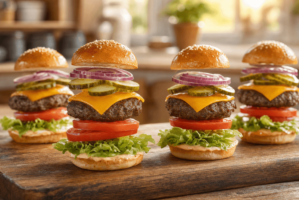 A photorealistic image of several mini burgers artistically arranged on a wooden cutting board, each burger deconstructed so the patty, bun, and colorful toppings (lettuce, tomato, cheese, pickles, onions, sauces) are neatly stacked in layers but slightly separated to reveal each ingredient. The background is softly blurred, evoking a cozy and warm kitchen atmosphere with natural morning light illuminating the vibrant, fresh ingredients. No characters, text, or humans in the image.