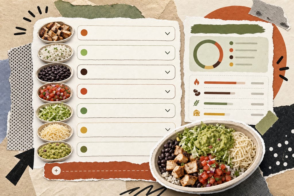 Modern meal-builder interface mockup with dropdowns and live totals for chipotle macros calculator