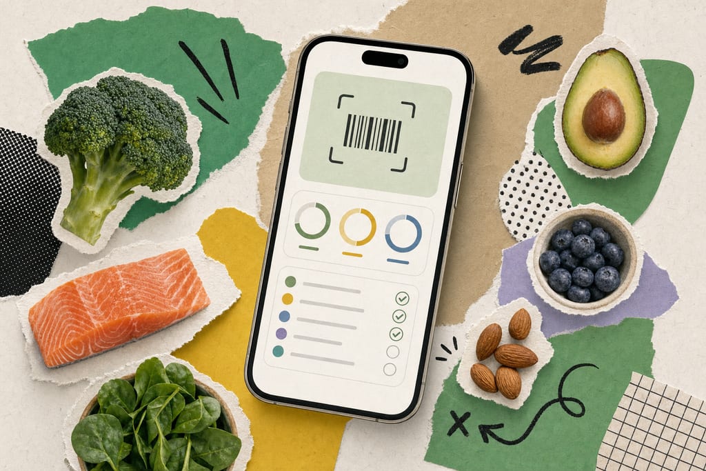 Smartphone showing a clean food diary with macro rings and barcode, cronometer calorie counter app
