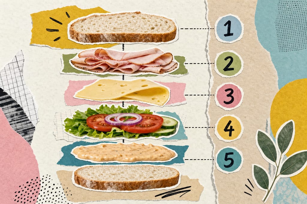 Modern flat illustration of a sandwich being assembled with running counters for calories calculator subway