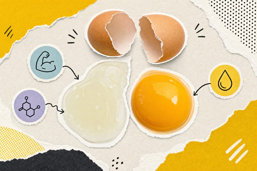 Cracked egg infographic showing separated white and yolk with tiny carb icon do eggs have carbs