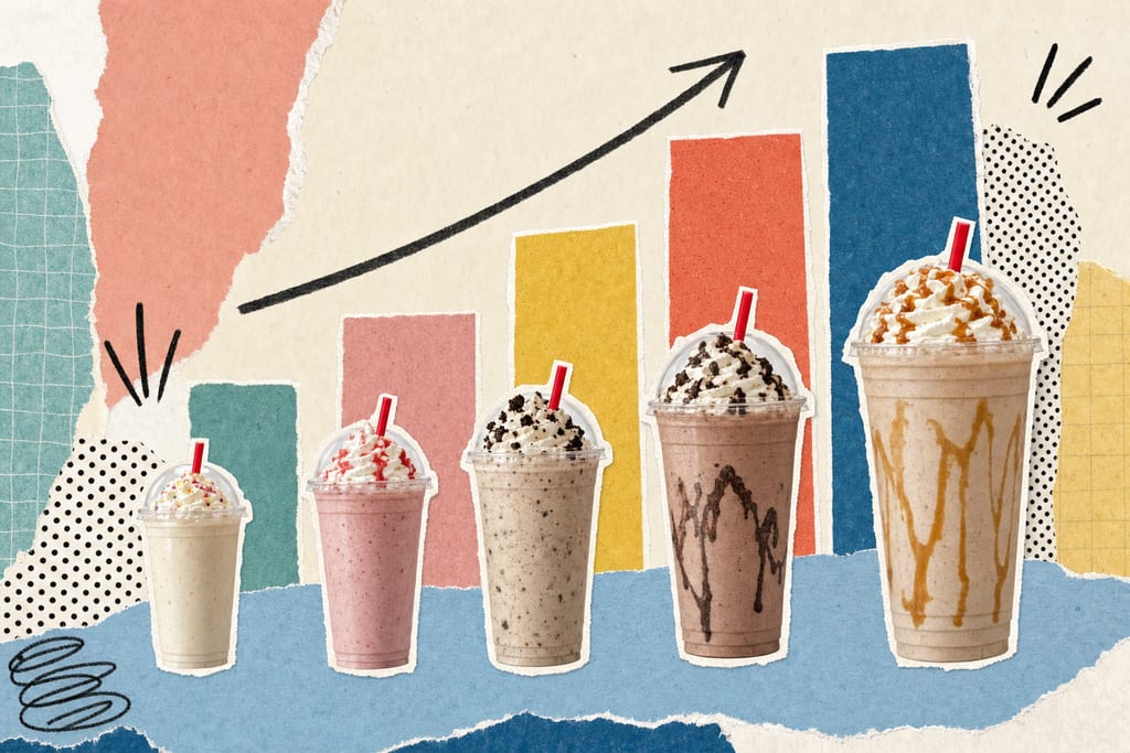 Lineup of milkshake cups with upward bar chart showing calories at Sonic across sizes