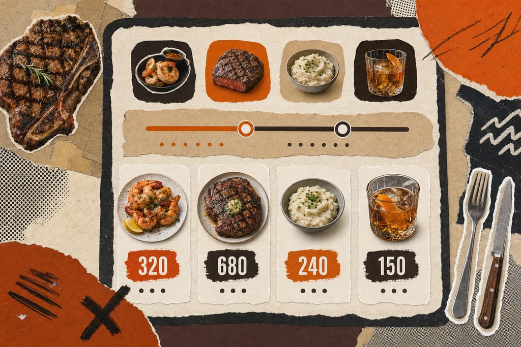 Clean app mockup showing a calorie search tool with Texas Roadhouse calorie counter slider