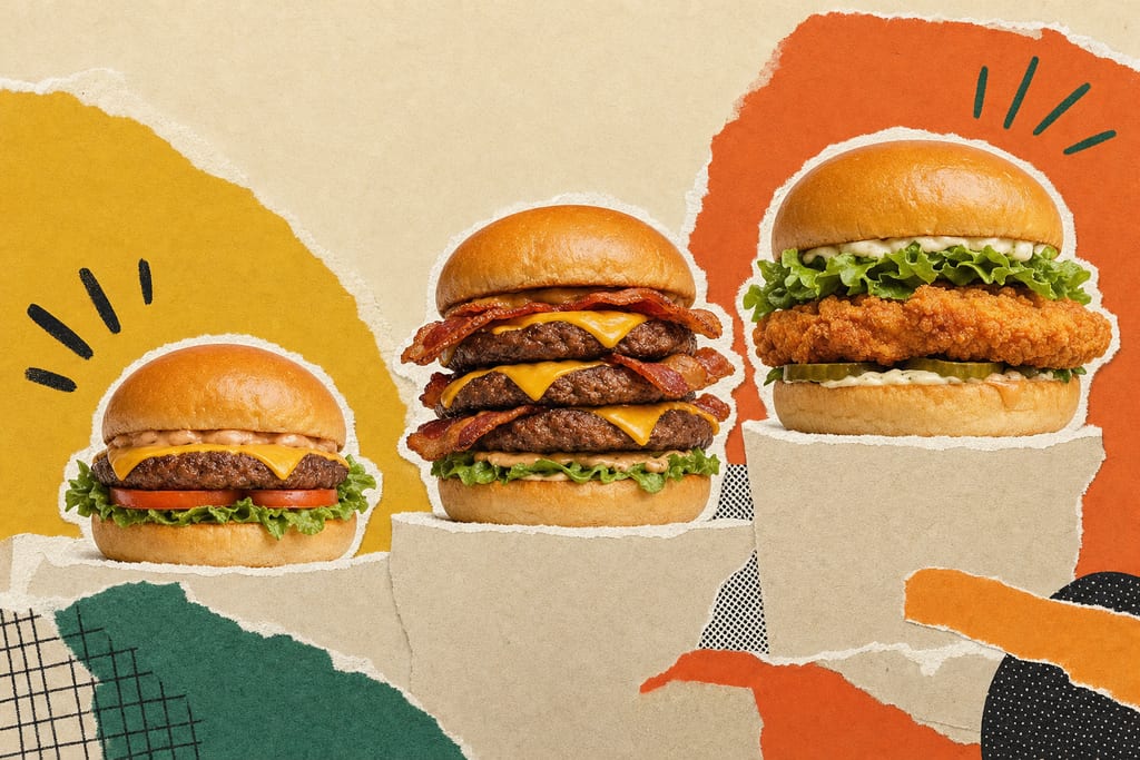 Flat illustration of three burgers and a crispy chicken sandwich showing culver's nutrition facts comparison
