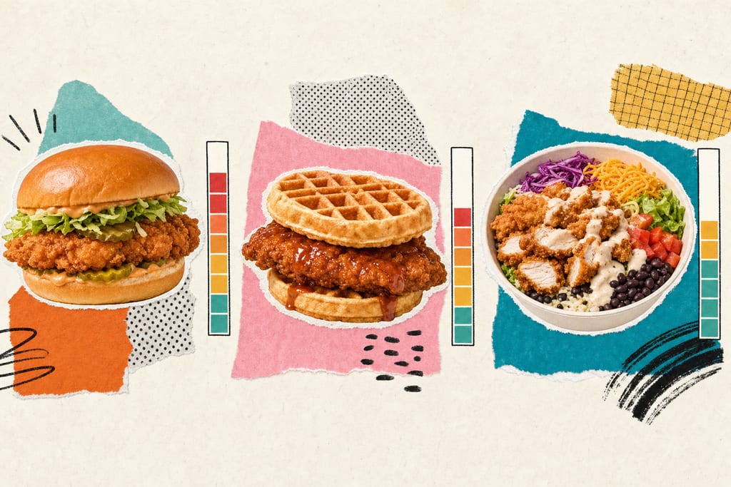 Flat-lay of fast food sandwich, chicken and waffle sandwich, and layered chicken bowl showing calorie count for KFC