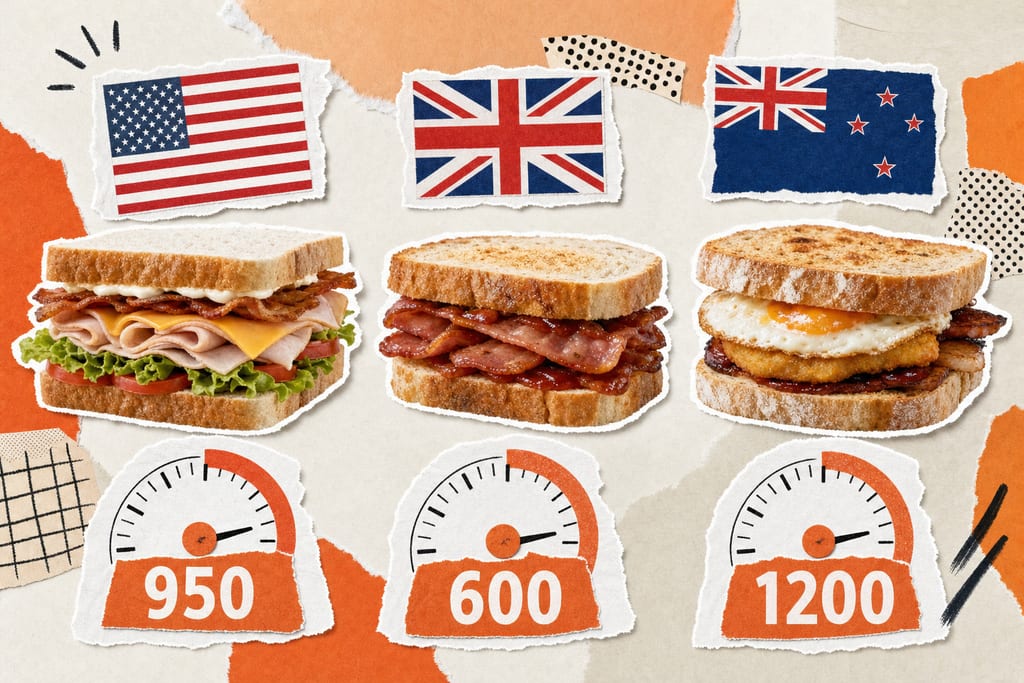 Flat infographic comparing US, UK, and New Zealand sandwich calorie dials showing how many calories in a mcchicken