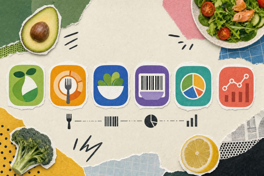 Row of six colorful app icons compared to find the best app food tracker