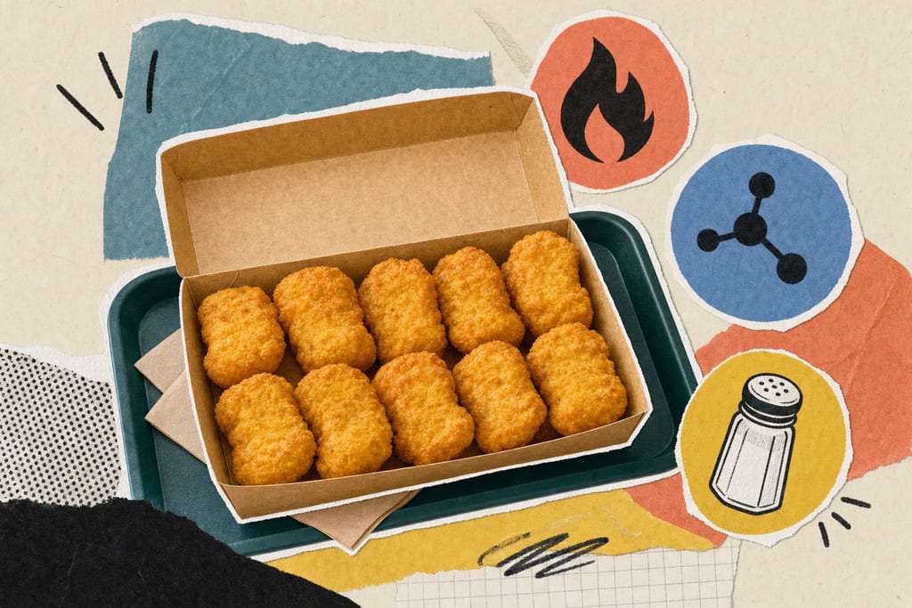 Cardboard box with ten golden nuggets on a tray and nutrition icons mcnuggets 10 piece calories
