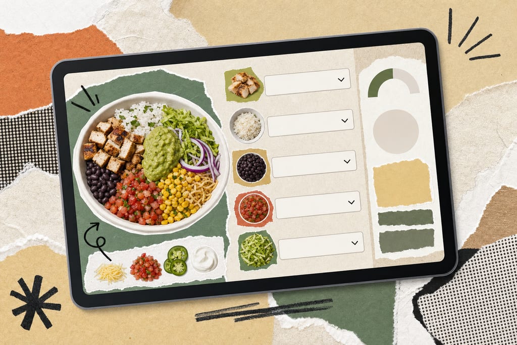 Digital tablet showing customizable burrito bowl builder with running calorie counter for chipotle