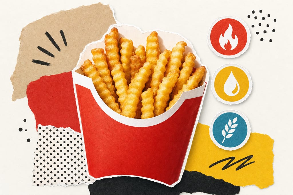 Red and white fry carton with minimalist nutrition icons illustrating in n out fries calories