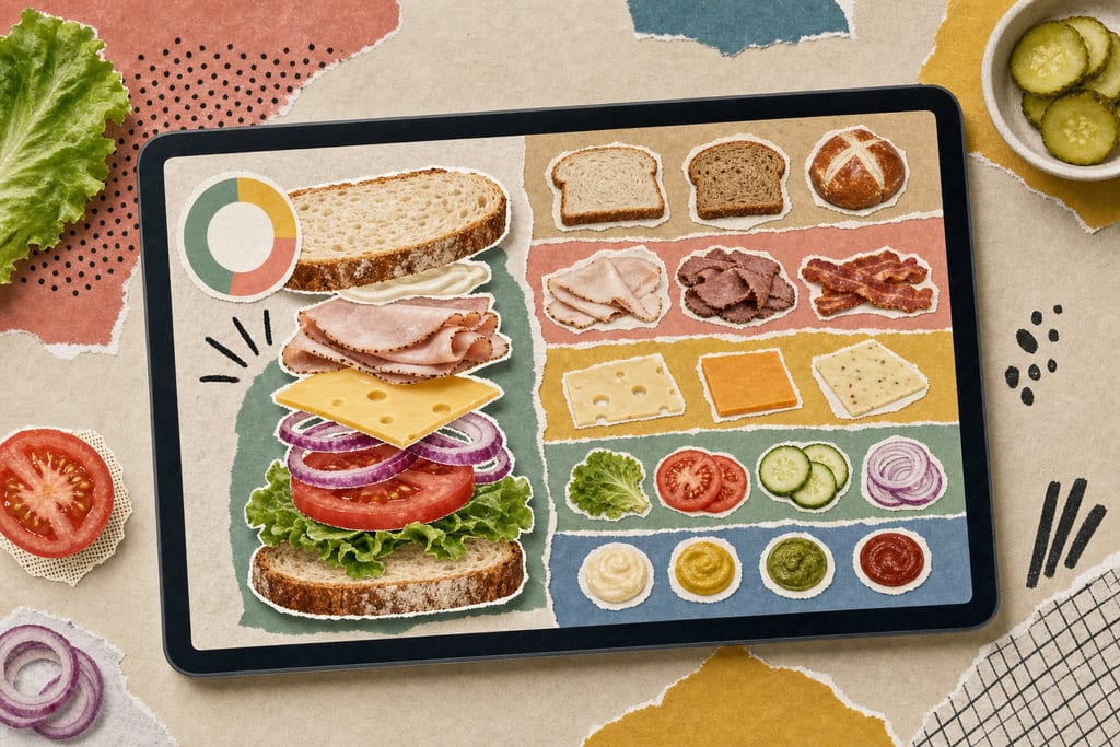 Flat-lay app UI showing selectable bread, protein, cheese and toppings with tablet calorie counter subway calorie calculator