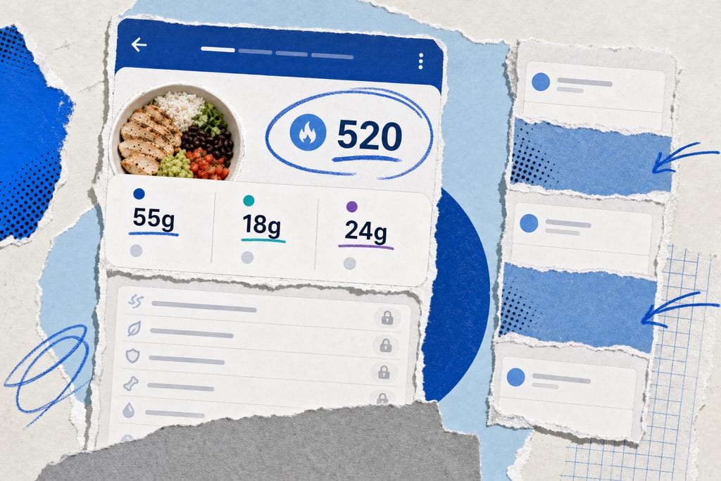 Collage of a meal log card showing limited macros and blocked details asking is cronometer free