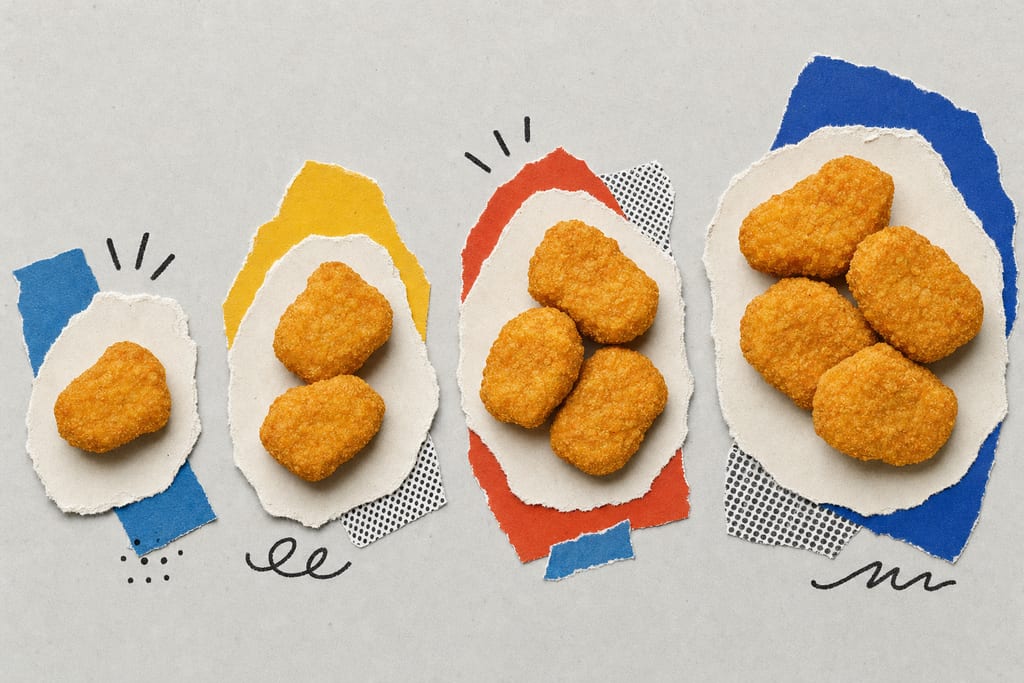 Four ascending breaded chicken servings on gray background showing calories in chick fil a nuggets