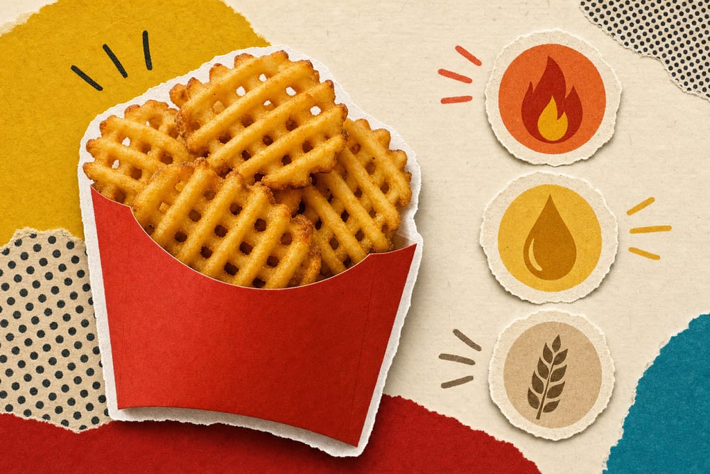 Golden waffle-cut fries in a red sleeve with icons showing chick fil a fries calories