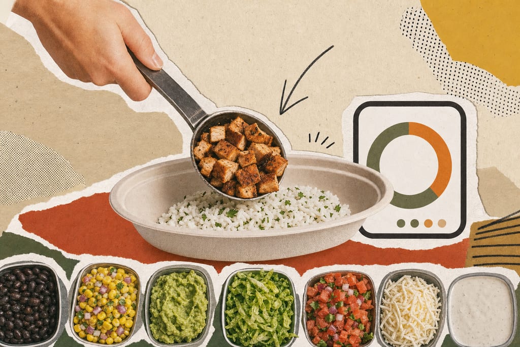 Clean flat illustration of a burrito bowl being assembled with running counter to calculate chipotle calories