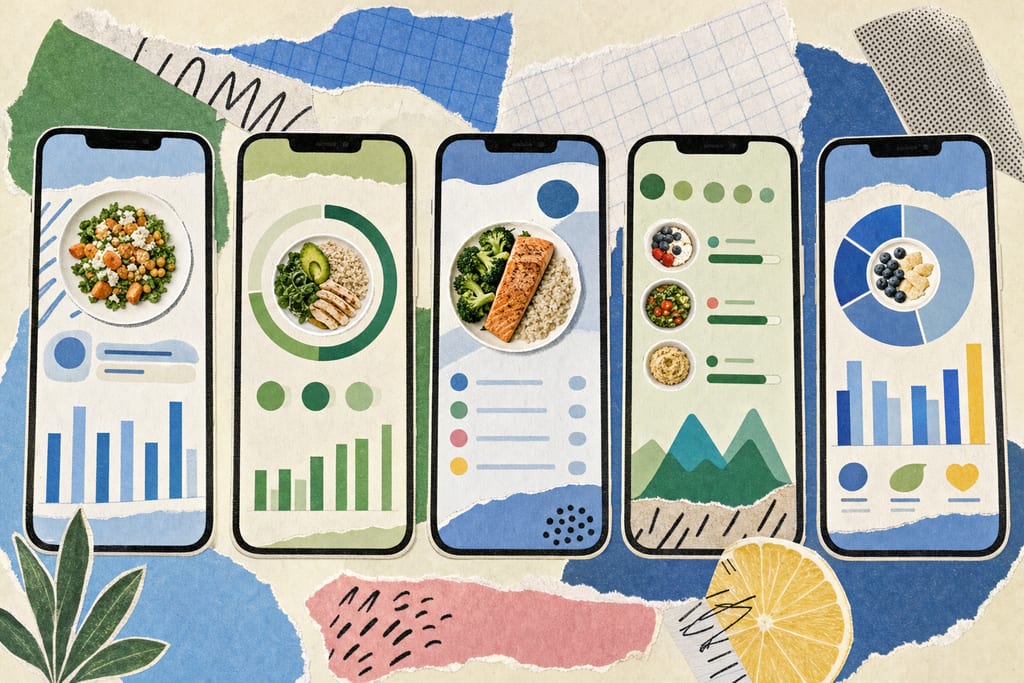 Five modern smartphone screens showing minimalist app food diary interfaces and charts
