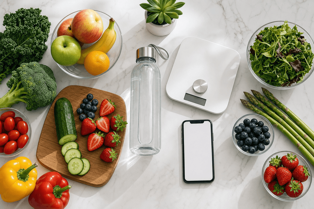 A photorealistic, neatly arranged flat lay of fresh colorful fruits, vegetables, a glass water bottle, a digital kitchen scale, and a smartphone displaying a blank calorie calculator interface on a white marble countertop. Soft natural light streams in from one side, casting gentle shadows and creating a clean, motivating, and refreshing atmosphere. No characters, text, or humans are present in the image.