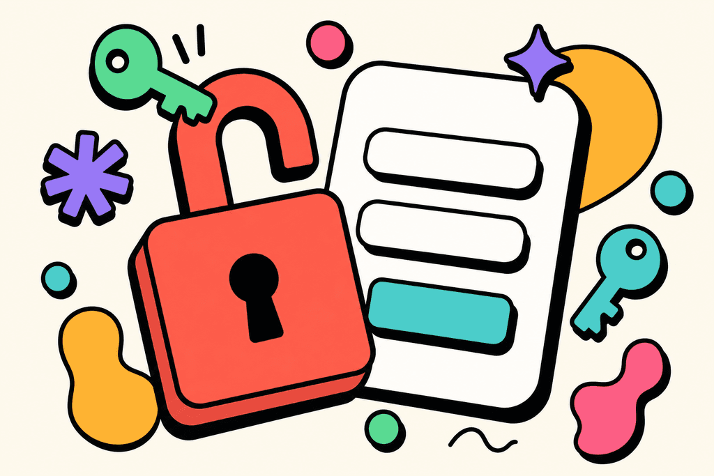 A cartoon neo-brutalist composition of a large, chunky coral red padlock with bold black borders, slightly tilted, in front of a stylized white card surface resembling an app login screen with rounded corners (no text), set against a warm cream background (#FFFAF1). The lock appears ‘unlocked’, with playful, flat accent shapes in mint green (#4ADA85), lavender purple (#8B7BFF), and teal (#4ECDC4) floating around—like abstract keys or cheerful access symbols. Warm yellow-orange (#FFB347) and pink (#F06292) blobs add pops of color. Everything features thick, offset black outlines and soft shadows. The overall mood is uplifting, inviting, and hopeful. No characters, text, or humans.