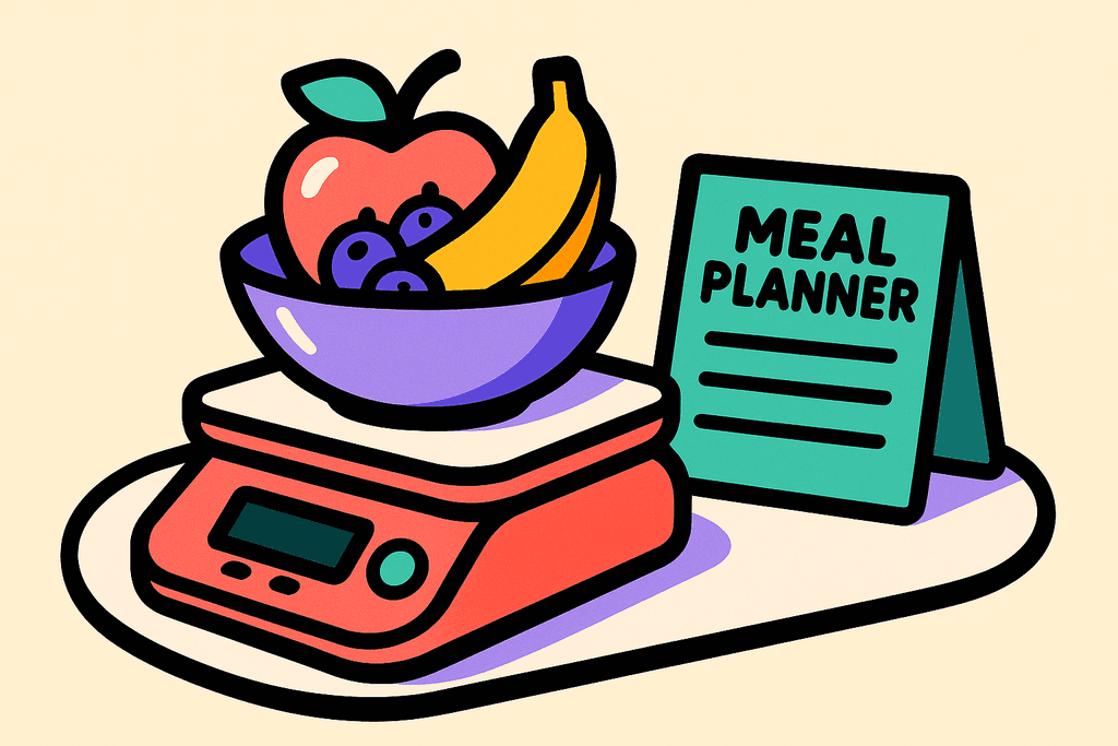 A vibrant cartoon neo-brutalist style still life of a digital kitchen scale topped with a stylized, geometric bowl of brightly colored fruits (apple, banana, berries) and a mint green meal planner card beside it. Arranged on a white rounded card-shaped surface, all objects outlined with thick chunky black offsets. The background is warm cream (#FFFAF1); the scale is coral red (#FE665C) with mint green (#4ADA85) buttons, fruits use accent lavender purple (#8B7BFF), yellow-orange (#FFB347), and pink (#F06292). The scene feels playful, bold, and inspiring—no humans, characters, or text, just inviting, dynamic energy for personal transformation.