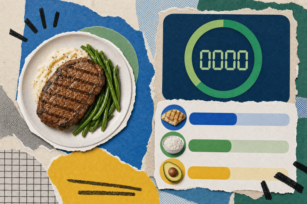 Digital calculator screen showing steak plate icon with calorie and macro bars