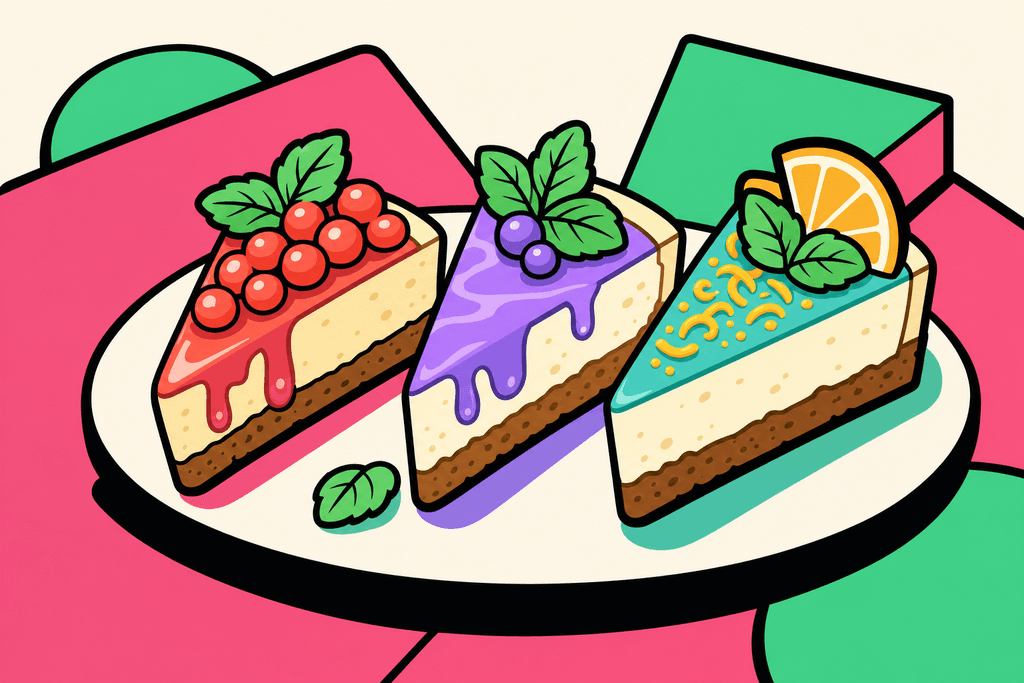 A vibrant cartoon neo-brutalist still life of three different cheesecake slices arranged diagonally on a white, rounded plate, each slice decorated with mint leaves and colorful toppings (one with coral-red berries, one with a lavender-purple sauce, one with teal-and-yellow citrus zest). The background is a smooth, warm cream color (#FFFAF1), and the plate sits on a bold, oversized pink (#F06292) and mint green (#4ADA85) abstract geometric surface. All objects outlined in thick, black chunky borders. No characters, text, or humans. The scene has a playful, inviting mood that celebrates indulgence with style; bold flat colors, thick offset shadows, and rounded, chunky forms.