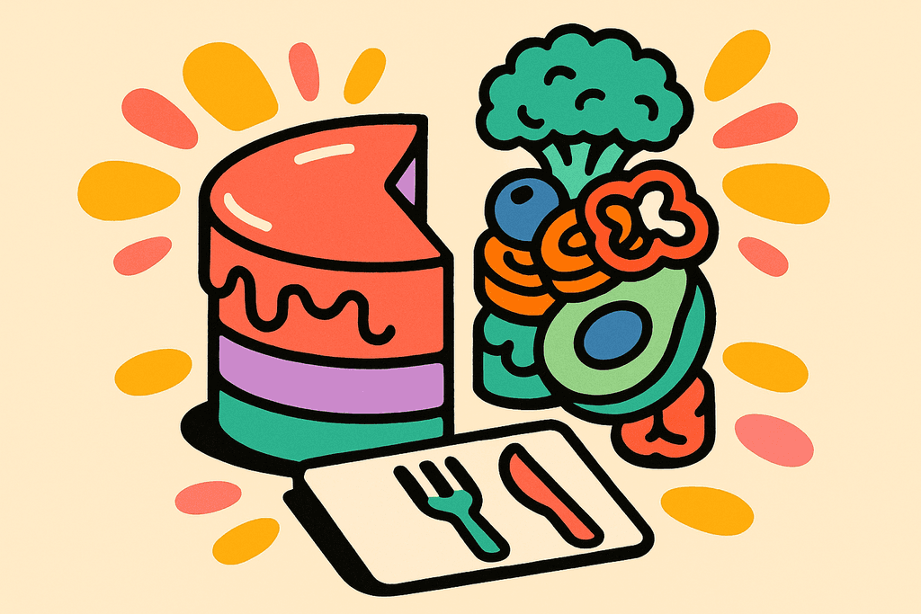 A vibrant cartoon neo-brutalist still life of a transformation scene: On a warm cream background, a classic layered cake half morphs into a colorful stack of fruits and vegetables (broccoli, carrot coins, avocado slice, blueberry, bell pepper rings), with playful, chunky black borders. The cake side is coral red with drips, fading into mint green, lavender, and teal on the fresh produce side. A white cutting board card with bold mint green and coral utensils rests below. Accent splashes of yellow-orange and pink radiate in rounded, offset shapes around the image, giving an energetic, optimistic mood. No characters, text, or humans appear.