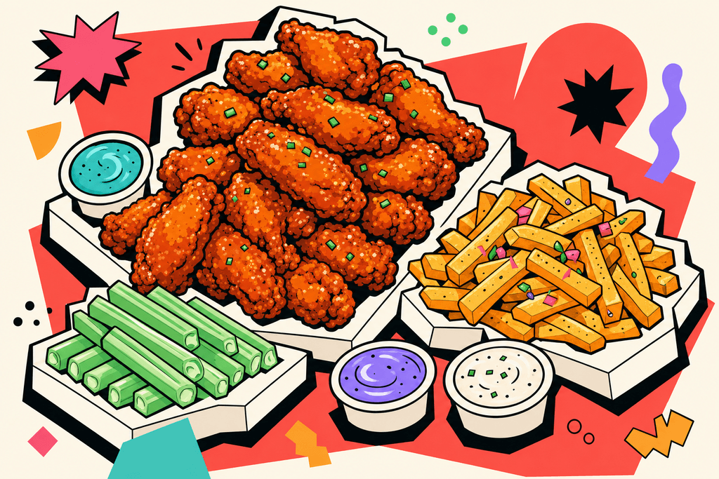 A vibrant, cartoon neo-brutalist still life featuring a dramatic pile of crispy chicken wings, golden fries, sliced celery, and dipping sauces arranged on chunky, white card-like plates. Each food item is outlined with thick, offset black borders, visually layered against a warm cream (#FFFAF1) background with bold, oversized coral red (#FE665C) accents behind the plates, pops of mint green (#4ADA85) in the celery and tray corners, playful lavender purple (#8B7BFF) and teal (#4ECDC4) in dips, and splashes of yellow-orange (#FFB347) and pink (#F06292) as garnish details. The overall mood is energetic and slightly surprising—one of delight mixed with subtle shock—as if the food portions defy expectations. The image is flat, punchy, and playful, with no characters, text, or humans present, radiating a fun, inviting, and slightly surreal atmosphere.
