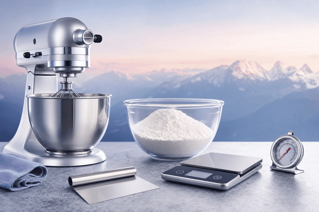 A professional, modern flat lay of high-altitude baking tools: a shiny aluminum stand mixer, a glass bowl with fluffy flour, a digital kitchen scale, and a shiny oven thermometer, all arranged on a subtly textured, cool-toned countertop. Soft morning light casts gentle shadows, with a subtle pastel gradient background suggesting crisp mountain air. No characters, text, or humans in the image. The overall mood is calm, inviting, and focused on precision and clarity.
